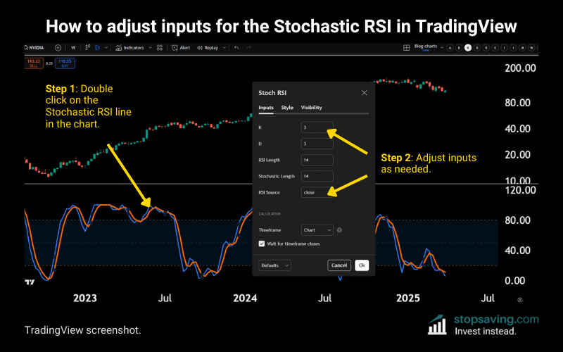 How to adjust inputs for the Stochastic RSI in TradingView